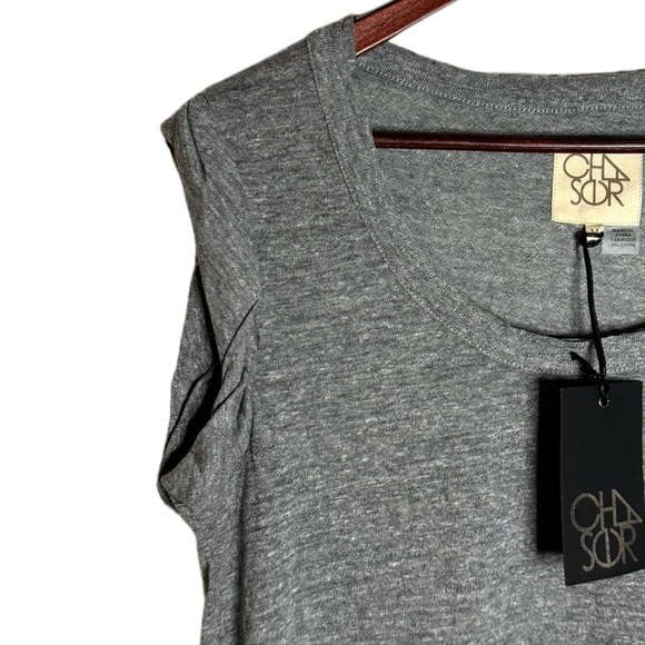 Chaser Ribbed Knit Scoop Neck Curved Hem Distressed Heather Short Sleeve Shirt M - Picture 6 of 16
